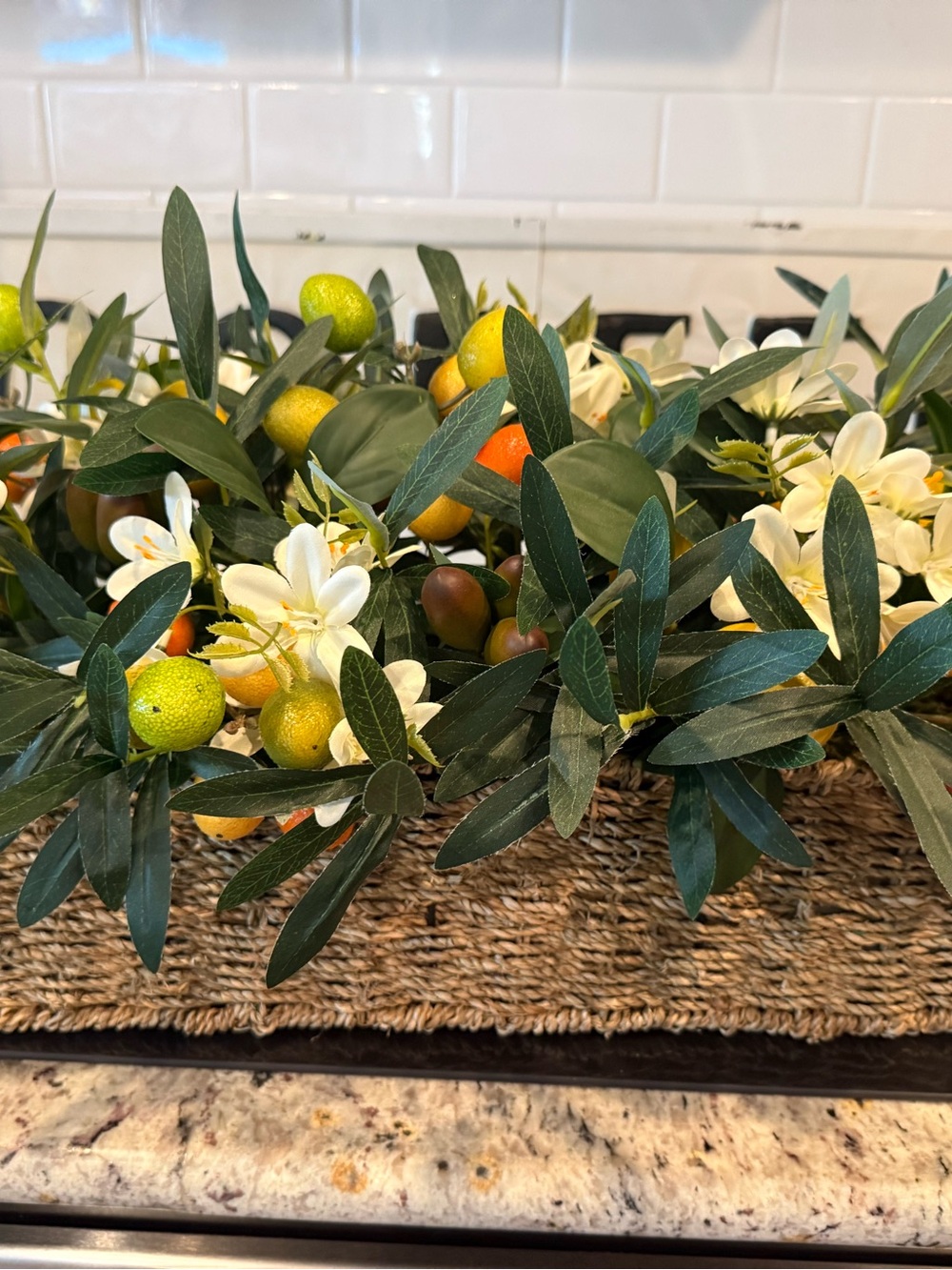 Lifelike Olive & Citrus Faux Floral Arrangement in Woven Tray - Green & White